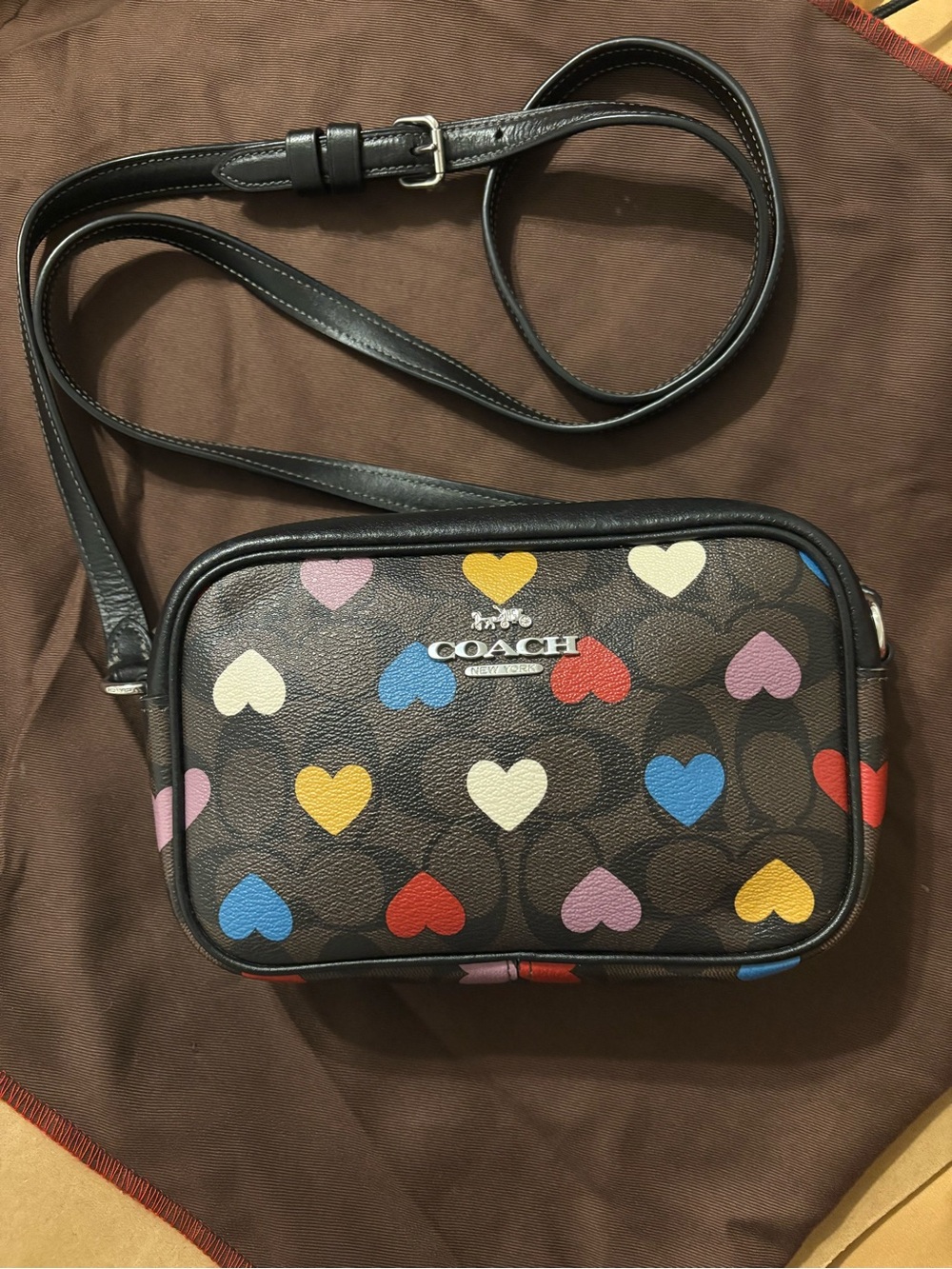COACH Mini Jamie Camera Bag Multicolor Heart Print Signature Crossbody in Black